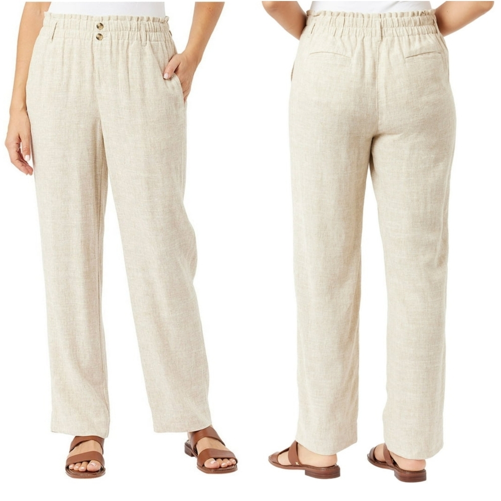 Briggs Linen Blend Pull On Pants Beige Elastic Waist Oatmeal Casual Relaxed M
